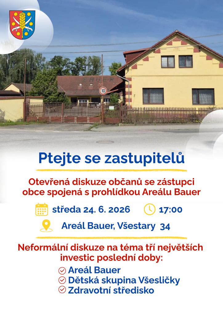 Ptejte se zastupitelů Otevřená diskuze občanů se zástupci obce spojená s prohlídkou Areálu Bauer